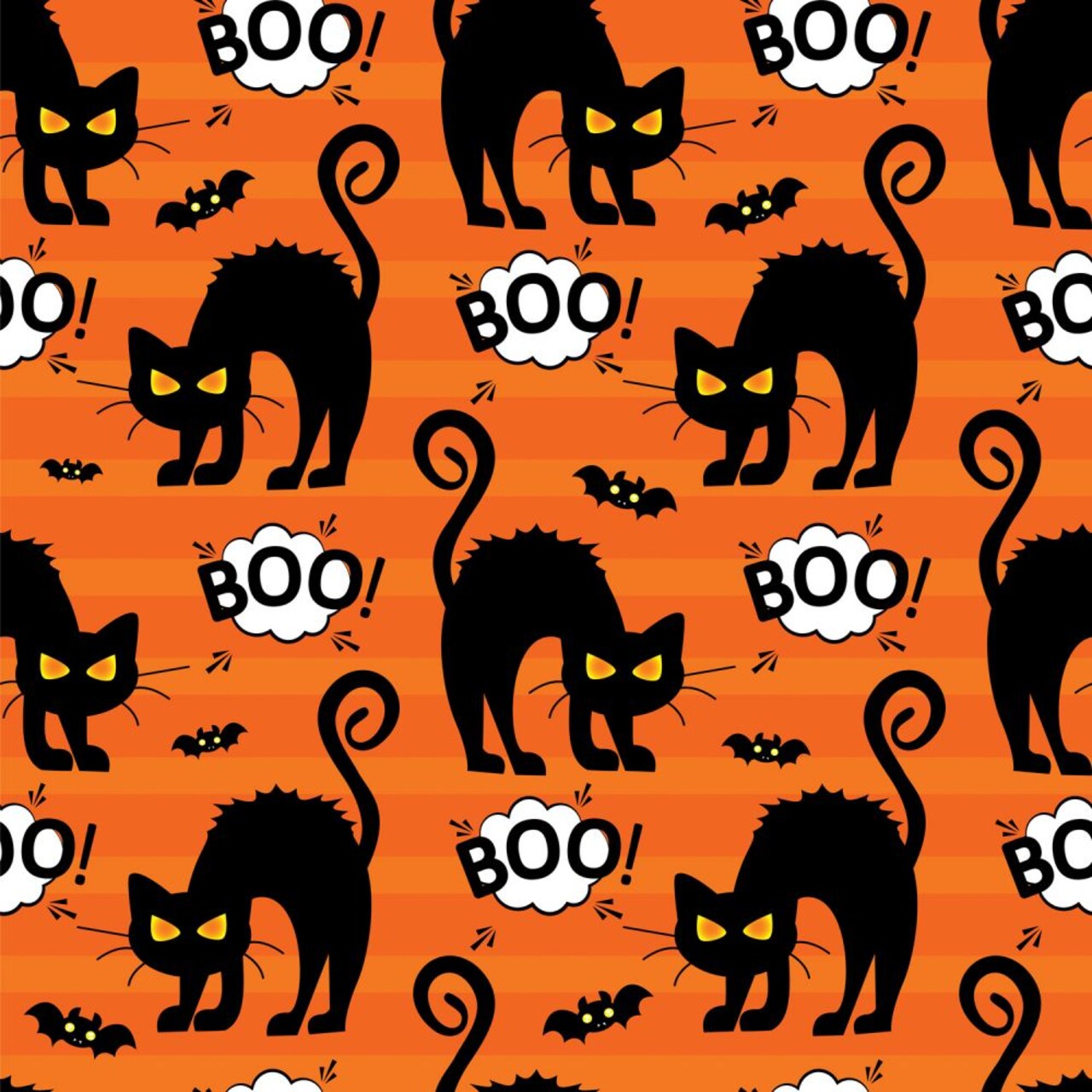 Halloween Black Cats BOO and Bats on Striped Orange 100% Cotton Fabric